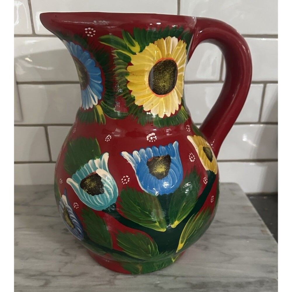 Genuine Hand Painted Tarahumara Tribe Water Pitcher Mexico Floral Flower Lg Red